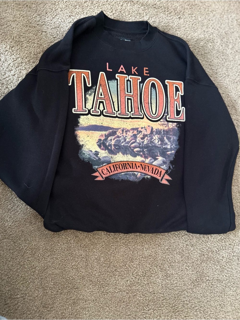 STATE Black Lake Tahoe California-Nevada Crewneck Sweatshirt with Sunset Graphic